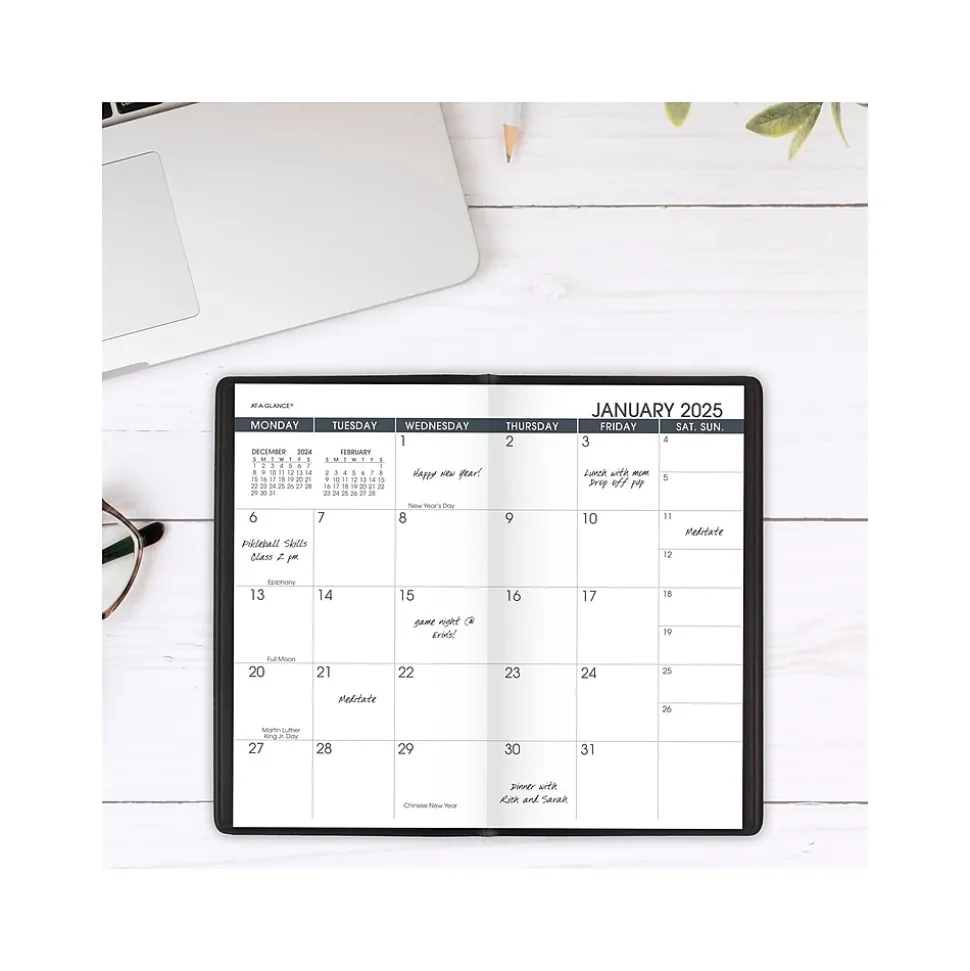 2025-2026 AT-A-GLANCE 3.5" x 6" Monthly Planner, Faux Leather Cover, Black (70-024-05-25)