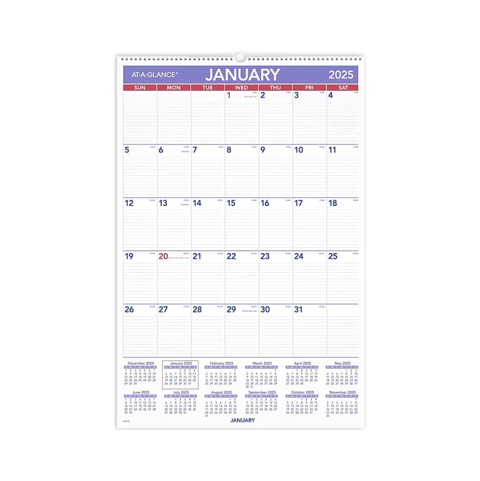 2025 AT-A-GLANCE 20" x 30" Monthly Wall Calendar, White/Purple (PM4-28-25)