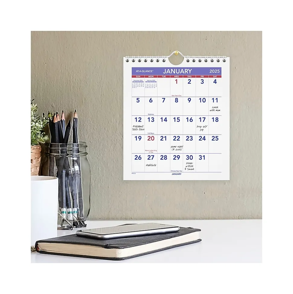 2025 AT-A-GLANCE 6.5" x 7.5" Monthly Wall Calendar, White/Purple (PM5-28-25)