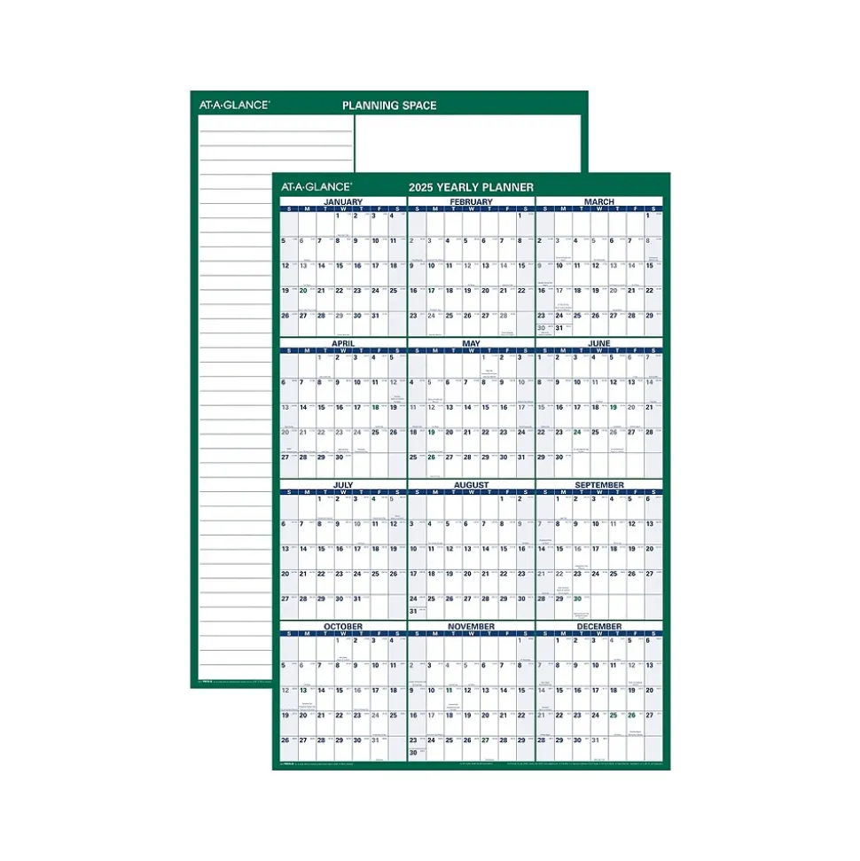 2025 AT-A-GLANCE 32" x 48" Yearly Dry Erase Wall Calendar, Reversible, White/Green (PM310-28-25)
