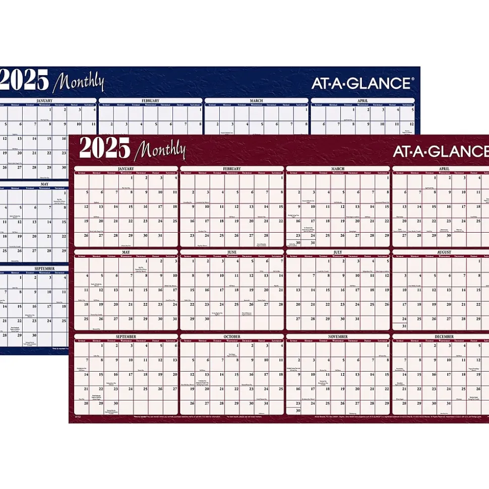 2025 AT-A-GLANCE 48" x 32" Yearly Dry Erase Wall Calendar, Reversible, Red/Blue (A152-25)