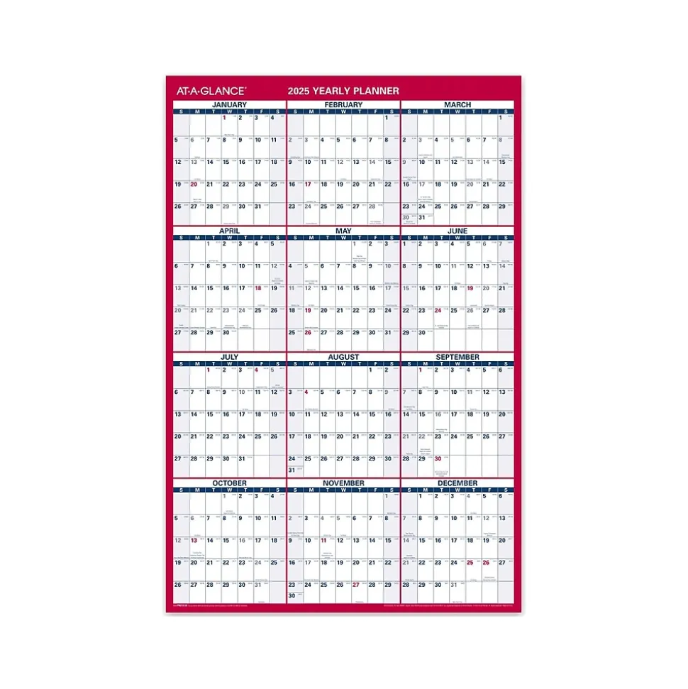 2025 AT-A-GLANCE 36" x 24" Yearly Wall Calendar, Reversible, White/Red (PM212-28-25)