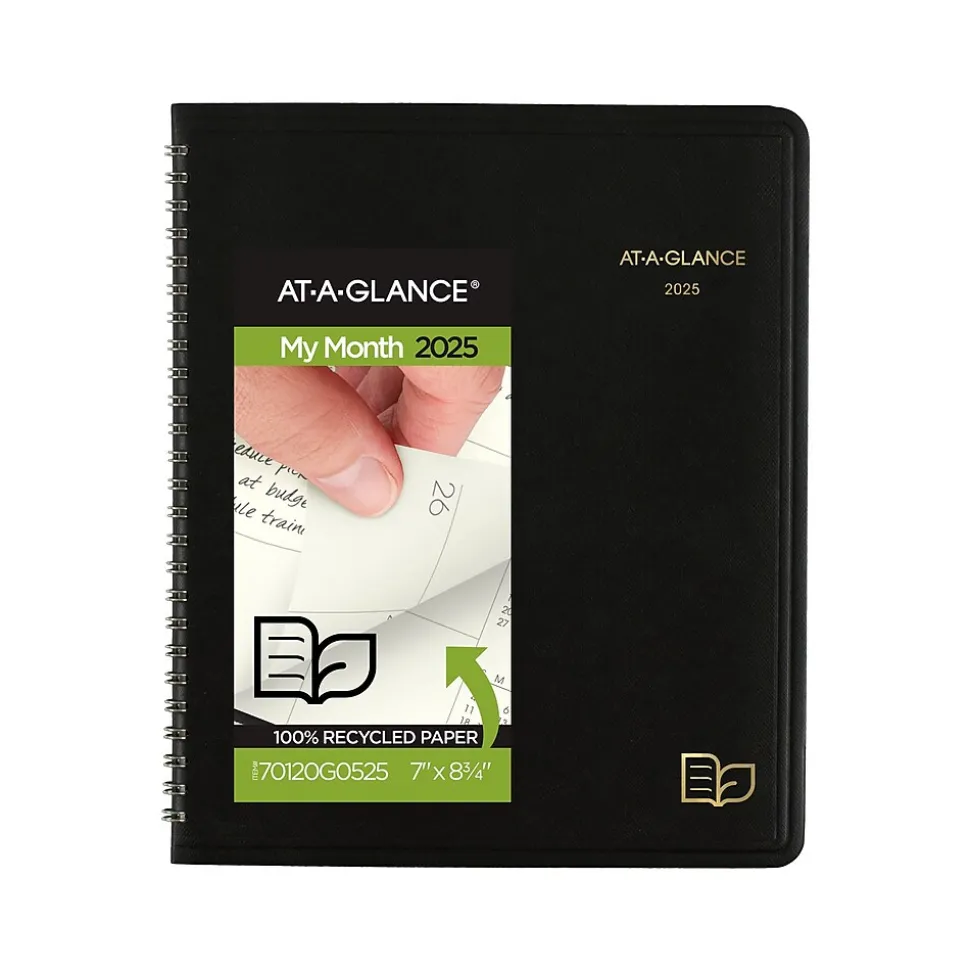 2025 AT-A-GLANCE Recycled 7" x 8.75" Monthly Planner, Faux Leather Cover, Black (70-120G-05-25)