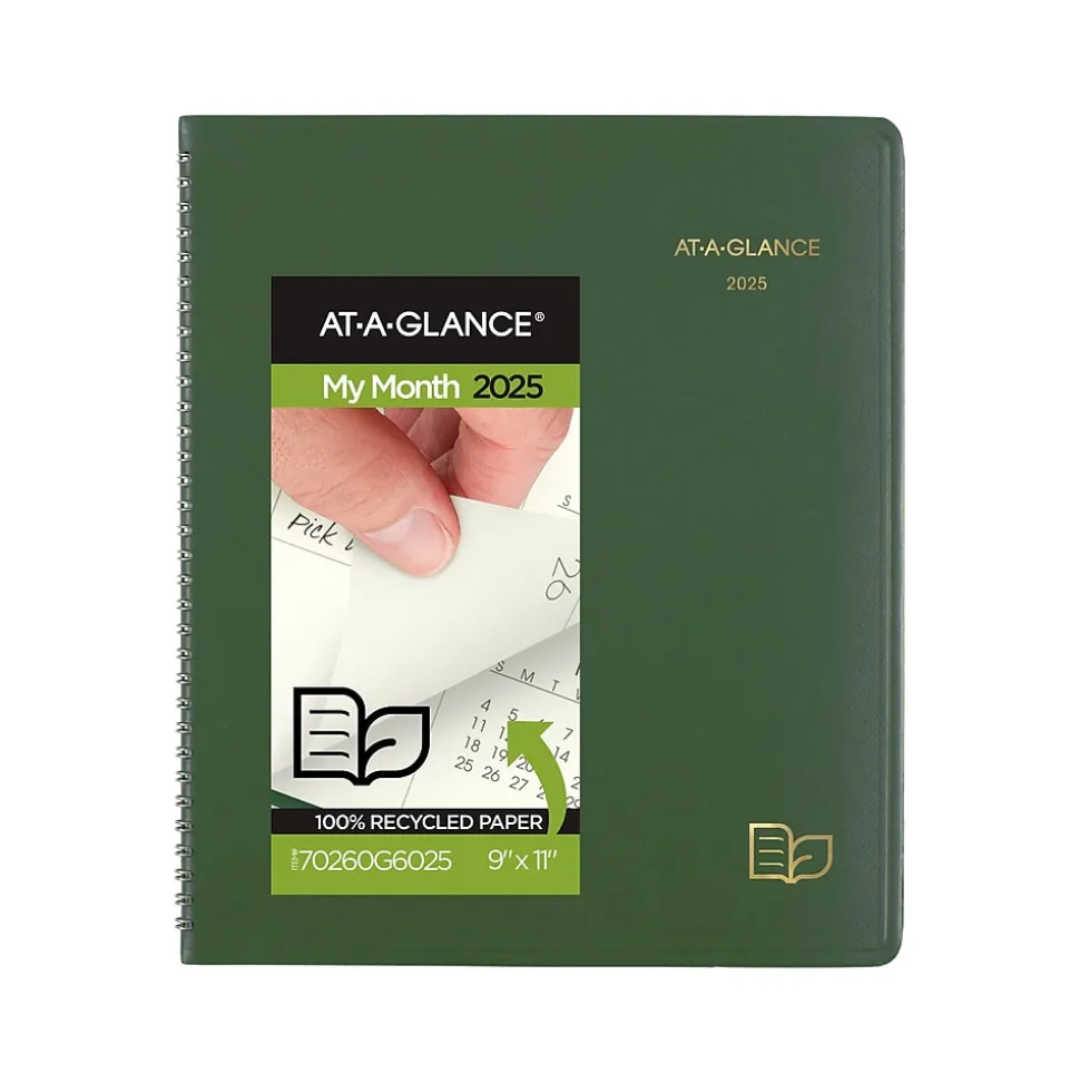 2025 AT-A-GLANCE Recycled 9" x 11" Monthly Planner, Faux Leather Cover, Green (70-260G-60-25)