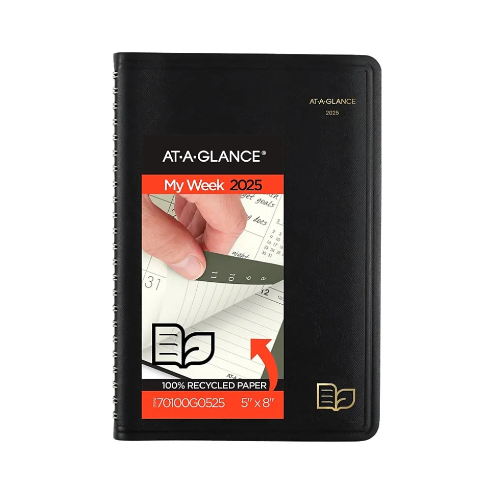 2025 AT-A-GLANCE Recycled 5" x 8" Weekly & Monthly Appointment Book Planner, Faux Leather Cover, Black (70-100G-05-25)