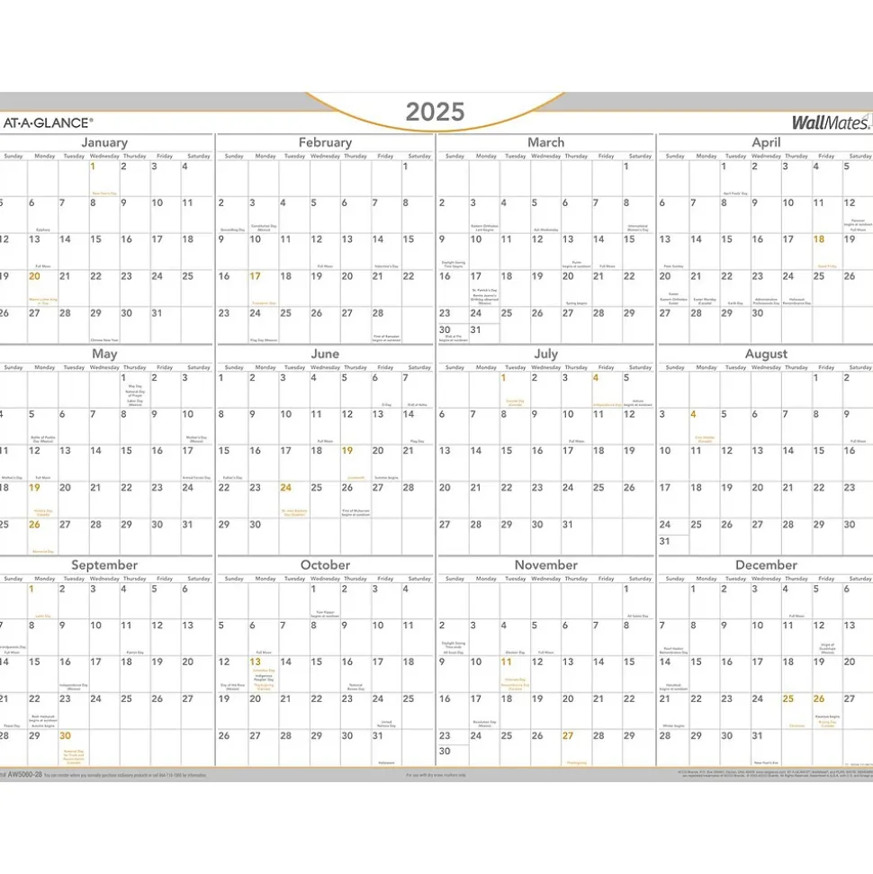 2025 AT-A-GLANCE WallMates 24" x 18" Yearly Dry-Erase Wall Calendar, White/Gray (AW5060-28-25)