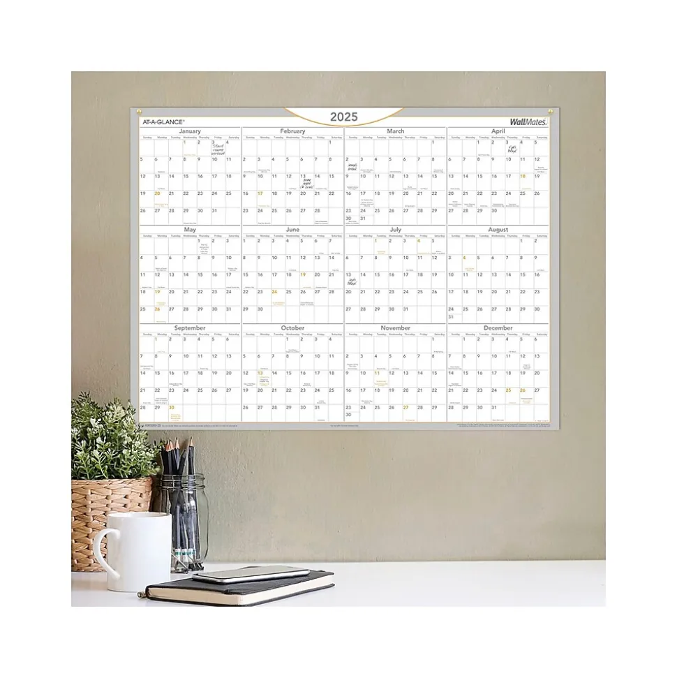 2025 AT-A-GLANCE WallMates 24" x 18" Yearly Dry-Erase Wall Calendar, White/Gray (AW5060-28-25)