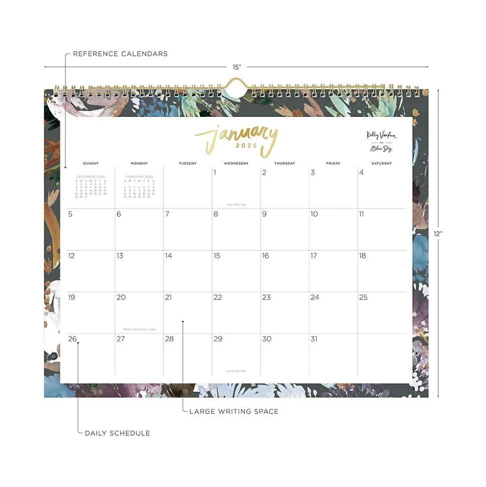 2025 Blue Sky Kelly Ventura Midnight Garden 15" x 12" Monthly Wall Calendar (149058-25)