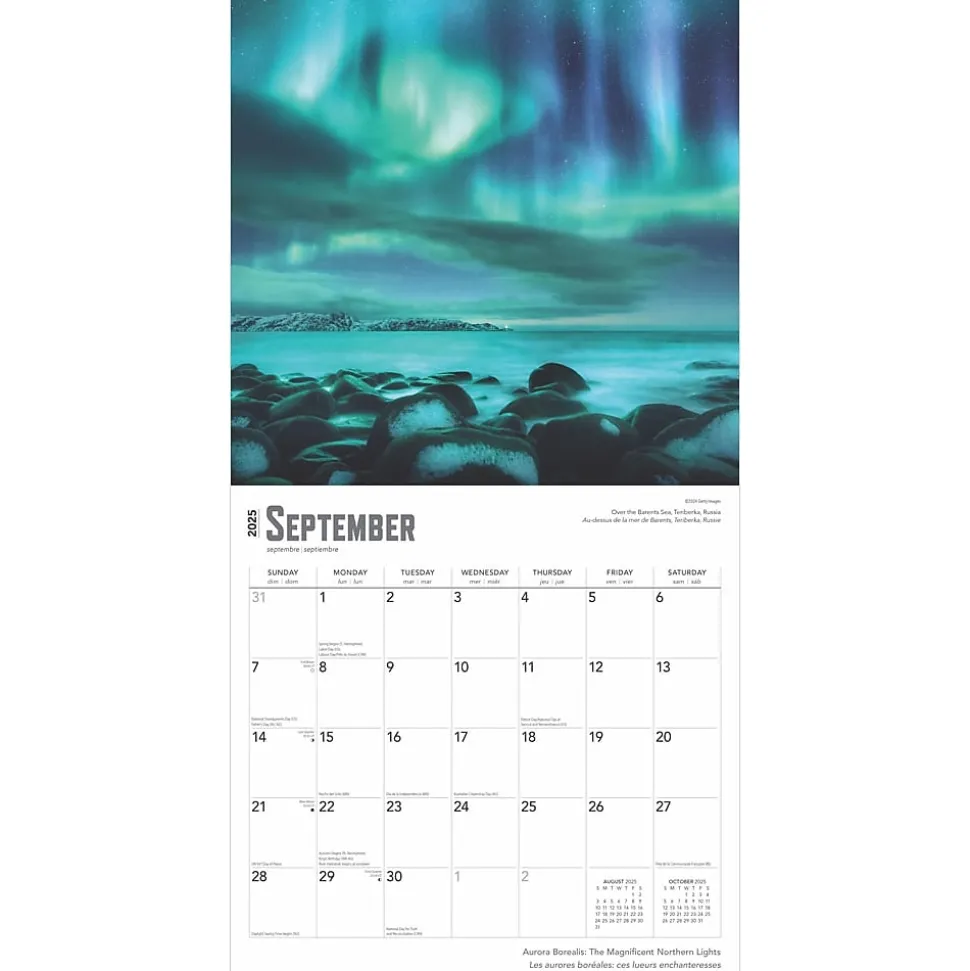 2025 BrownTrout Aurora Borealis Les aurores boréales 12" x 12" Monthly Wall Calendar (9781975476526)