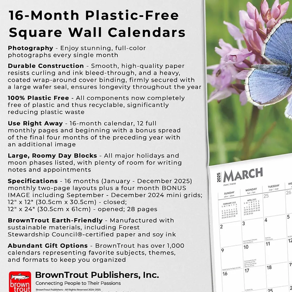 2025 BrownTrout Butterflies 12" x 12" Monthly Wall Calendar (9781975476762)