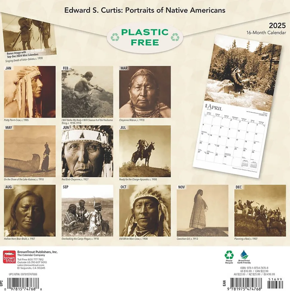 2025 BrownTrout Edward S. Curtis Portraits of Native Americans 12" x 12" Monthly Square Wall Calendar (9781975474768)