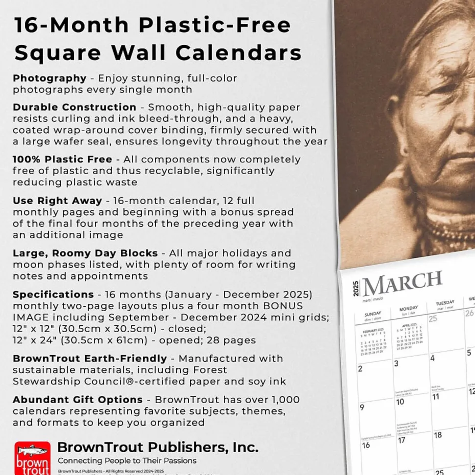 2025 BrownTrout Edward S. Curtis Portraits of Native Americans 12" x 12" Monthly Square Wall Calendar (9781975474768)