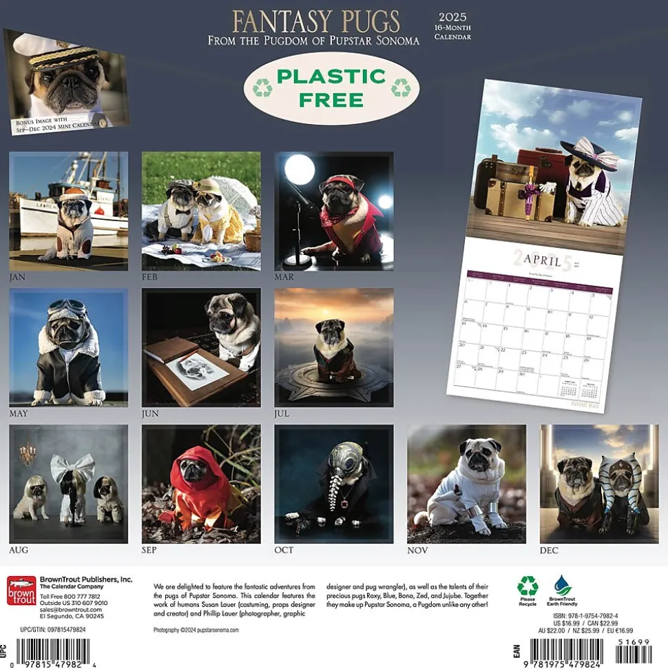 2025 BrownTrout Fantasy Pugs 12" x 12" Monthly Square Wall Calendar (9781975479824)