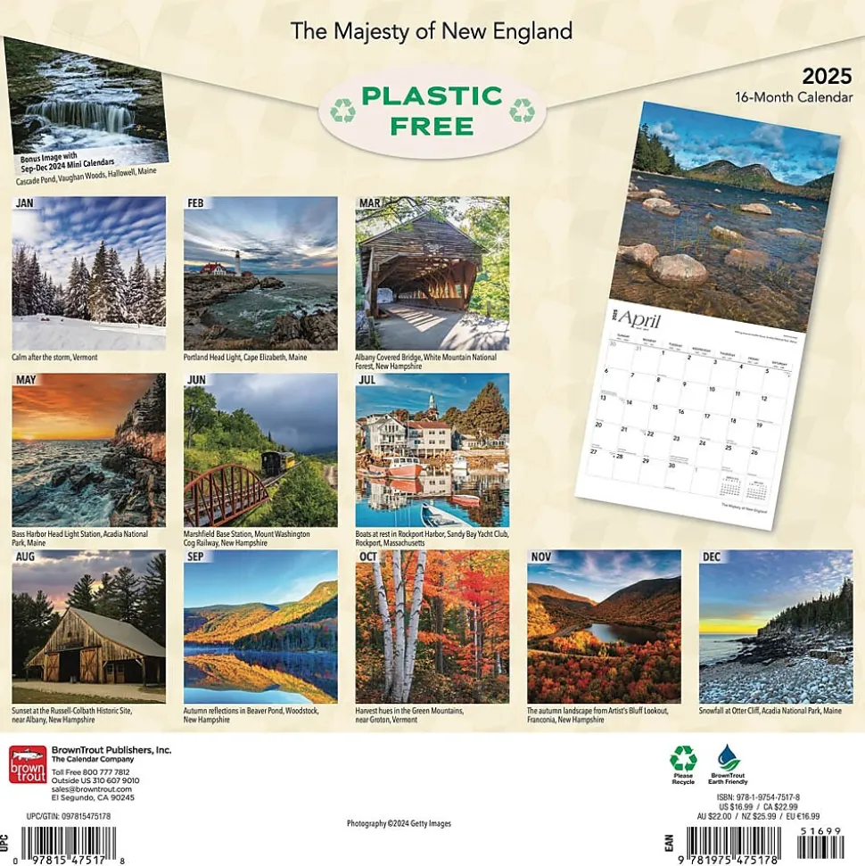2025 BrownTrout The Majesty of New England 12" x 12" Monthly Square Wall Calendar (9781975475178)