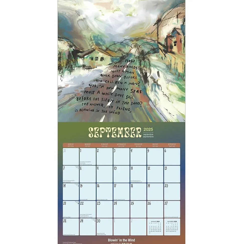 2025 BrownTrout Time Out of Mind Lyrics Written by Bob Dylan 12" x 12" Monthly Square Wall Calendar (9781975483227)