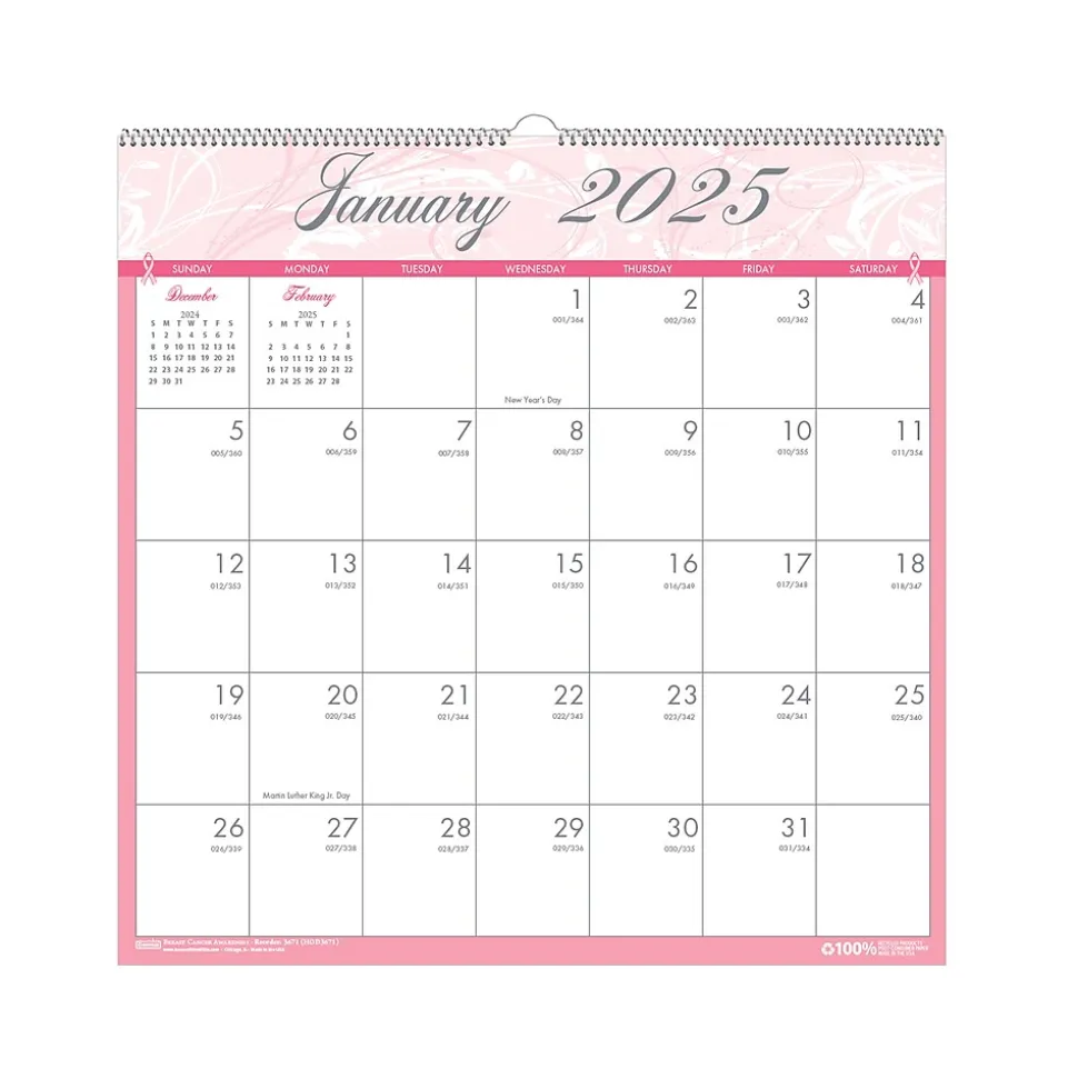 2025 House of Doolittle Breast Cancer Awareness 12" x 12" Monthly Wall Calendar, Pink/Gray (3671-25)