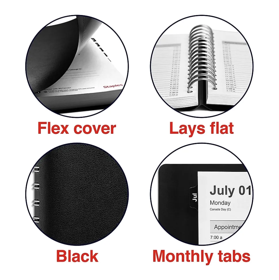 2024-2025 Staples 5" x 8" Academic Daily Appointment Book, Faux Leather Cover, Black (ST60364-23)