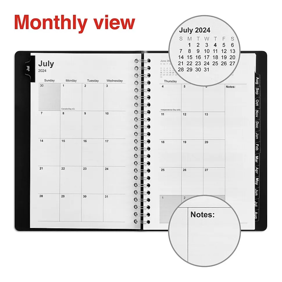 2024-2025 Staples 5" x 8" Academic Weekly & Monthly Planner, Faux Leather Cover, Black (ST23570-23)