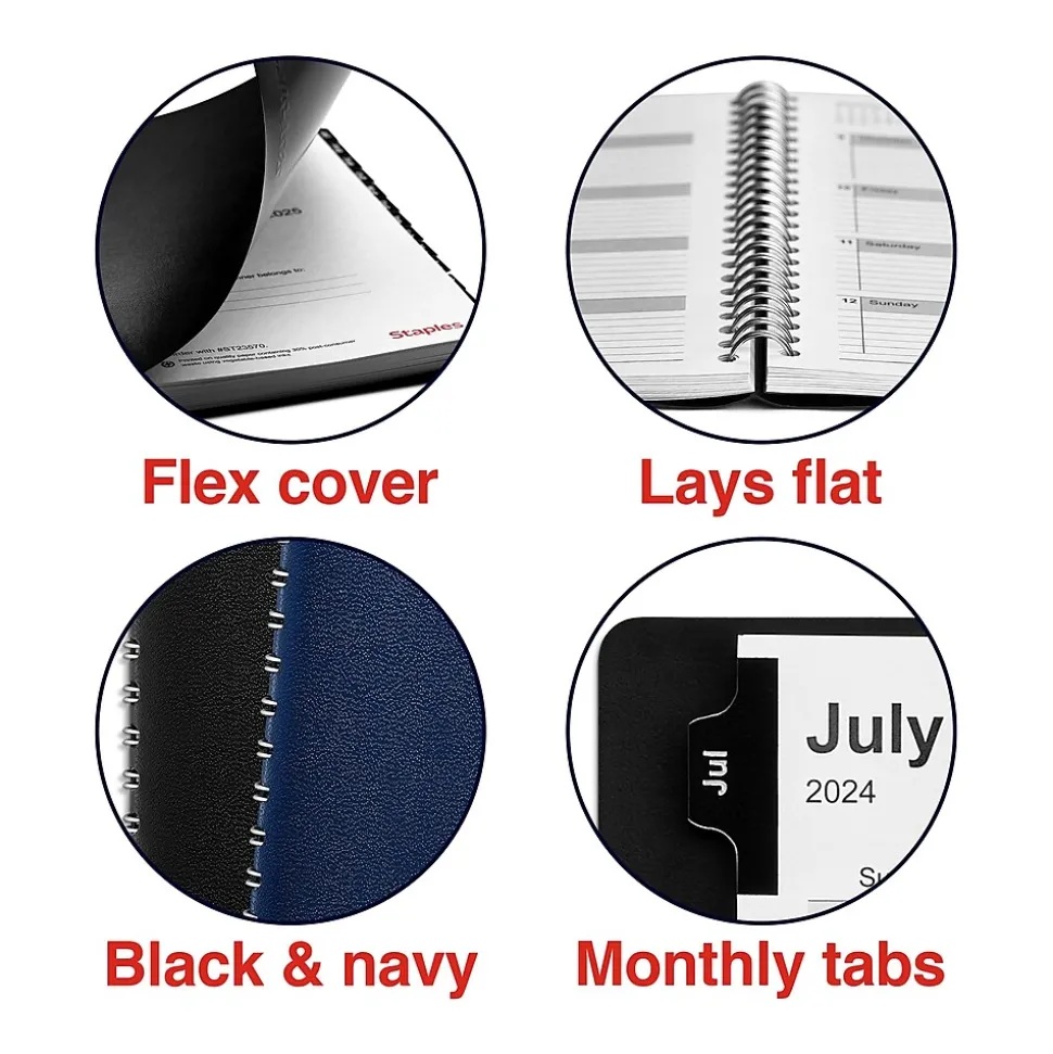 2024-2025 Staples 5" x 8" Academic Weekly & Monthly Planner, Faux Leather Cover, Black (ST23570-23)