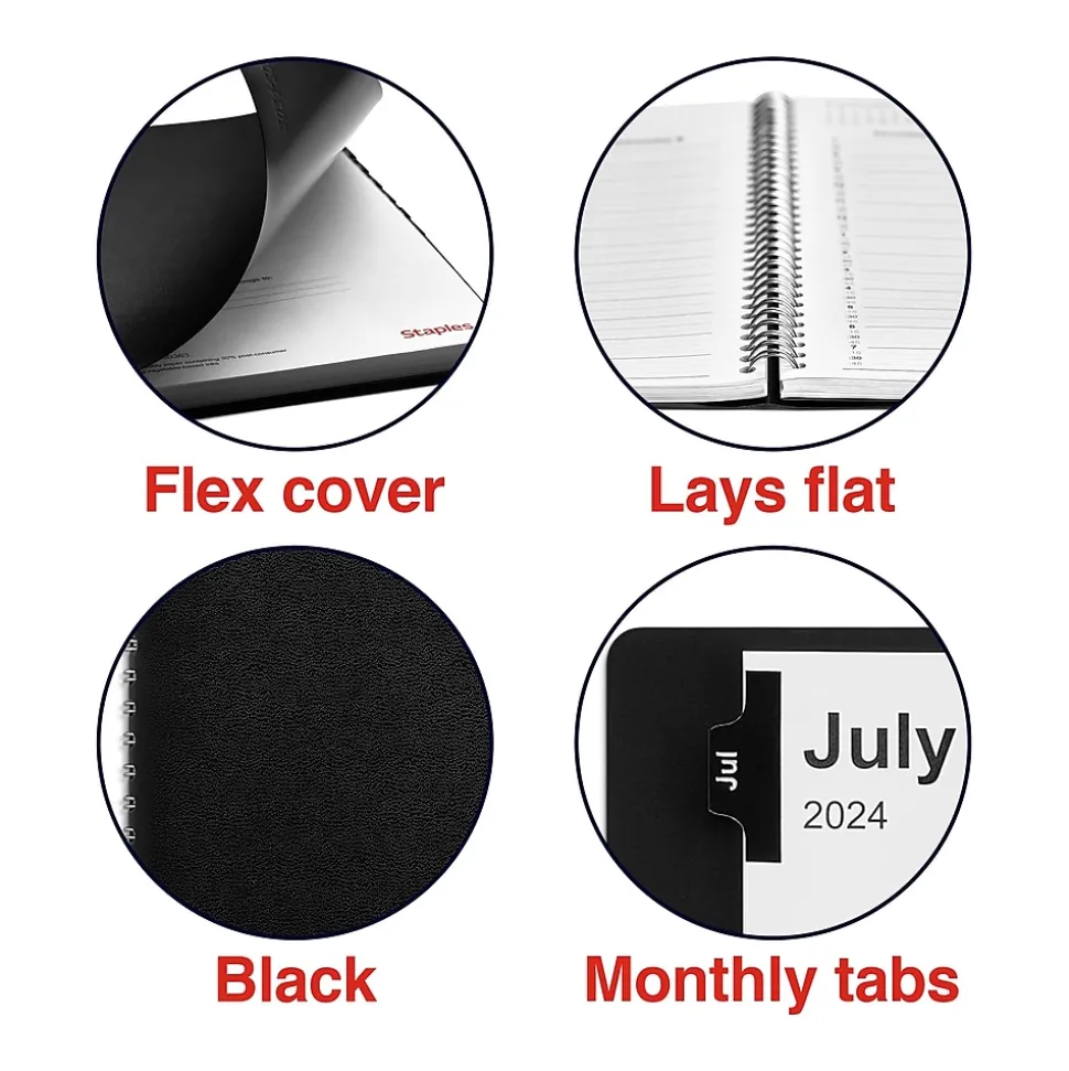 2024-2025 Staples 8" x 11" Academic Weekly & Monthly Appointment Book, Faux Leather Cover, Black (ST60363-23)