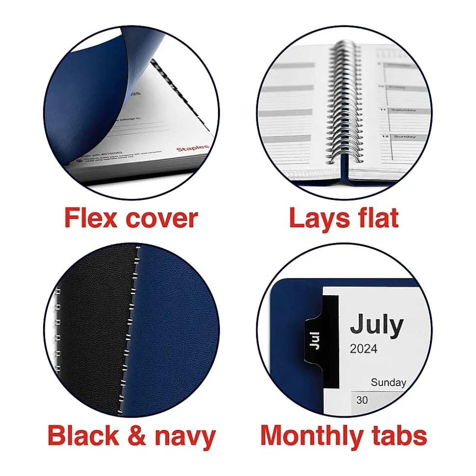 2024-2025 Staples 5" x 8" Academic Weekly & Monthly Planner, Faux Leather Cover, Navy (ST60362-23)