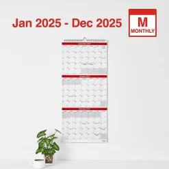 2025 Staples 12" x 27" Wall Calendar, Red/White (ST53920-25)