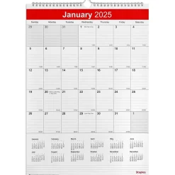 2025 Staples 12" x 17" Wall Calendar, White/Red (ST53913-25)