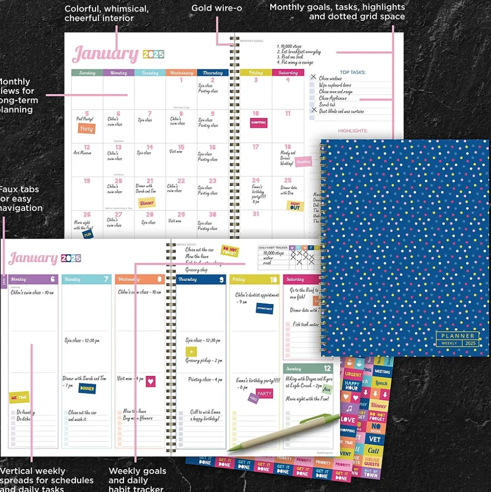 2025 TF Publishing Cobalt Dots 9" x 11" Weekly & Monthly Planner, Paperboard Cover, Multicolored (25-9712)