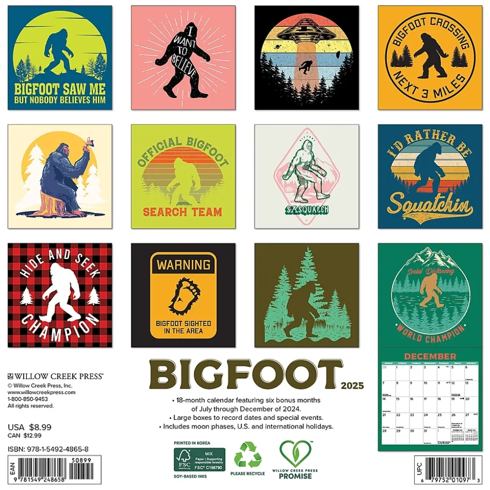 2025 Willow Creek Bigfoot 7" x 7" Yearly Wall Calendar (48658)