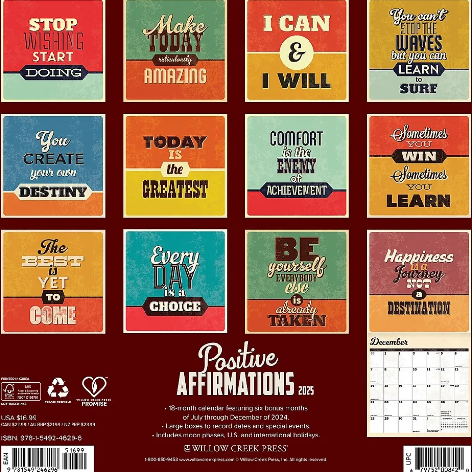 2025 Willow Creek Positive Affirmations 12" x 12" Monthly Wall Calendar (46296)