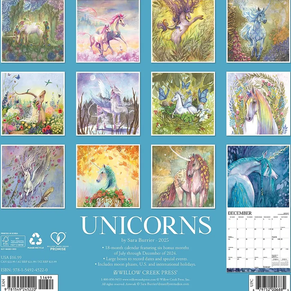 2025 Willow Creek Unicorns 12" x 12" Monthly Wall Calendar (45220)
