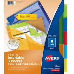 Avery Big Tab Corner Lock Insertable Plastic Dividers with 3 Pockets, 5 Tabs, Multicolor (11273)