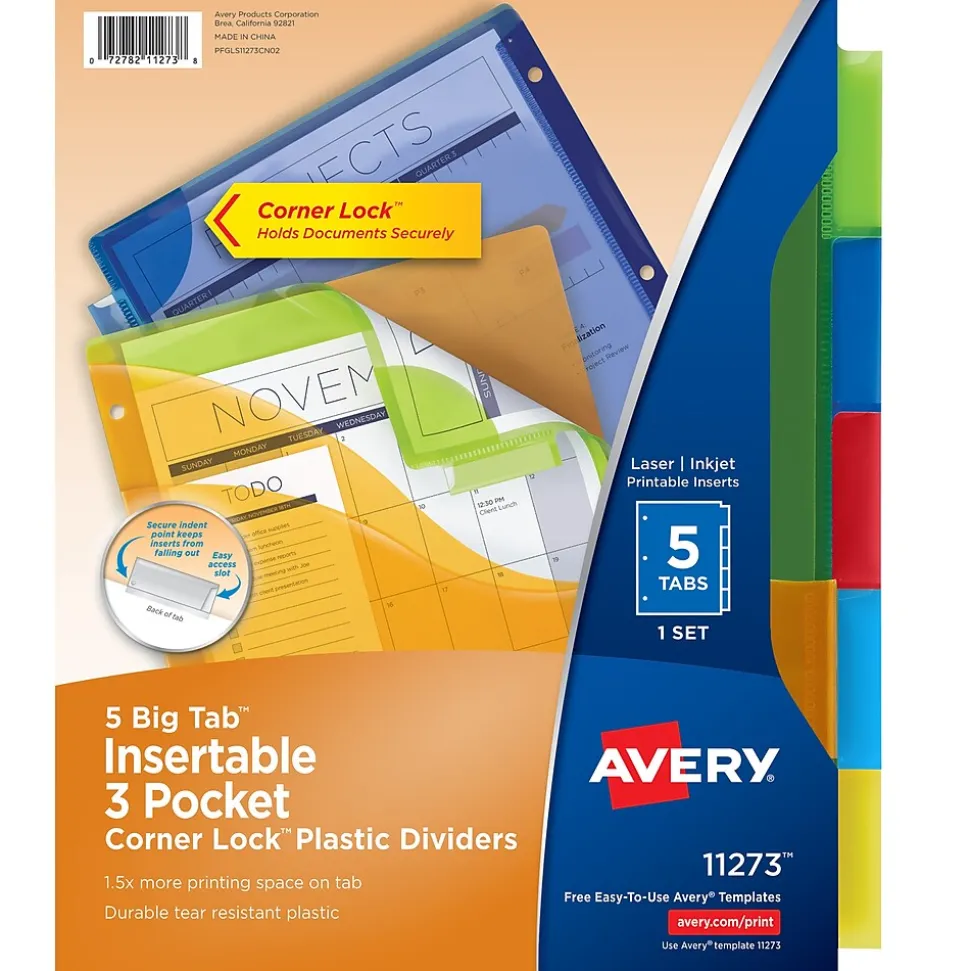 Avery Big Tab Corner Lock Insertable Plastic Dividers with 3 Pockets, 5 Tabs, Multicolor (11273)