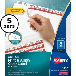 Avery Big Tab Print & Apply Label Blank Dividers, 8-Tab, Clear, 5/Set (11493)