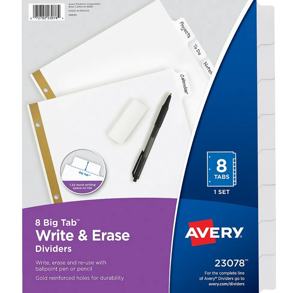 Avery Big Tab Write & Erase Paper Divider, 8 Tabs, White/Gold Reinforced, 1 Set (23078)