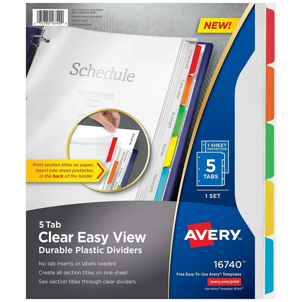 Avery Clear Easy View Plastic Dividers, 5 Tabs, Multicolor (16740)