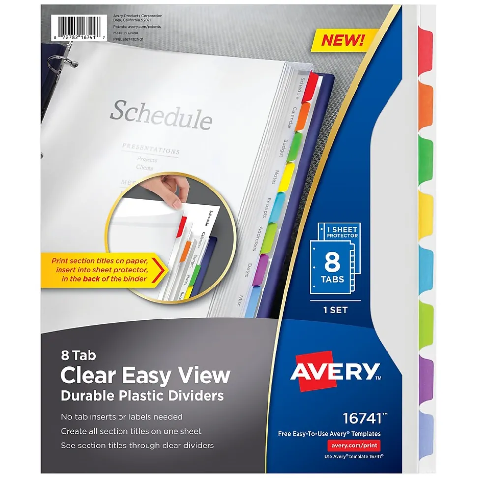 Avery Clear Easy View Plastic Dividers, 8 Tabs, Multicolor (16741)