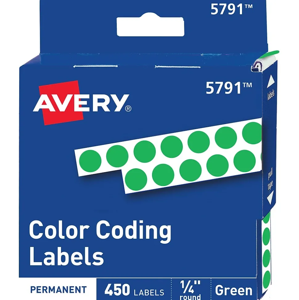 Avery Color-Coding Labels in Dispenser, 1/4" Dia, Green, 450 Stickers/Pack (5791)