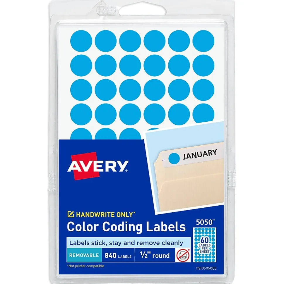 Avery Color-Coding Labels, 1/2 " Dia, Light Blue, Non-Printable, 840 Labels/Pack (5050)