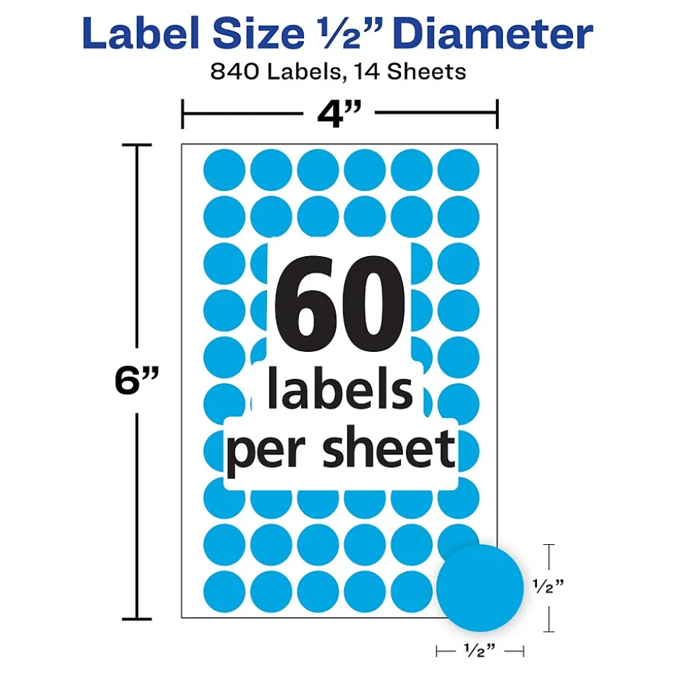 Avery Color-Coding Labels, 1/2 " Dia, Light Blue, Non-Printable, 840 Labels/Pack (5050)