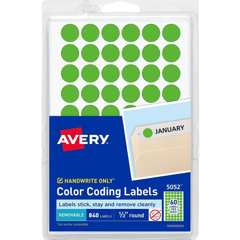 Avery Color-Coding Labels, 1/2 " Dia, Neon Green, Non-Printable, 840 Labels/Pack (5052)