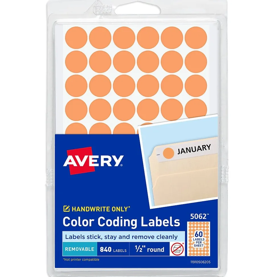 Avery Color-Coding Labels, 1/2 " Dia, Neon Orange, Non-Printable, 840 Labels/Pack (5062)