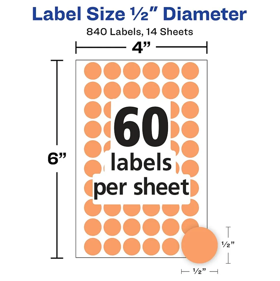 Avery Color-Coding Labels, 1/2 " Dia, Neon Orange, Non-Printable, 840 Labels/Pack (5062)