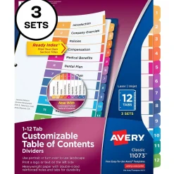 Avery Customizable Table of Contents Dividers, 12-Tab, Multicolor, 3 Sets/Pack (11073)