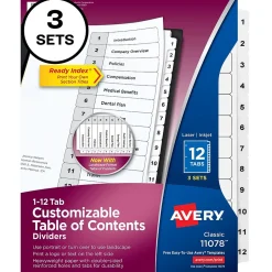 Avery Customizable Table of Contents Dividers, 12-Tabs, White, 3 Sets/Pack (11078)