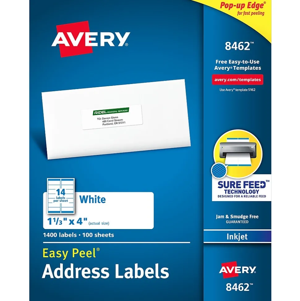 Avery Easy Peel Inkjet Address Labels, 1-1/3" x 4", White, 1,400 Labels/Box (8462)