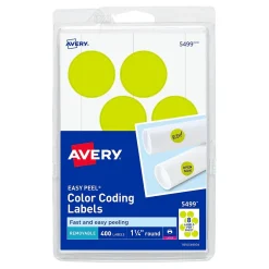 Avery Easy Peel Laser Color Coding Labels, 1 1/4" Dia, Neon Yellow, 8 Labels/Sheet, 50 Sheets/Pack (5499)