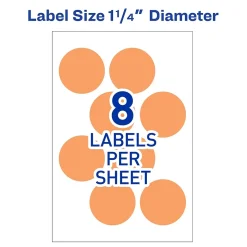 Avery Easy Peel Laser Color Coding Labels, 1 1/4" Dia, Neon Orange, 8 Labels/Sheet, 50 Sheets/Pack (5476)
