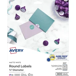 Avery Easy Peel Laser/Inkjet Round Labels, 3/4" Diameter, White, 80 Labels/Sheet, 10 Sheets/Pack, 800 Labels/Pack (4221)
