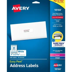 Avery Easy Peel Laser/Inkjet Address Labels, 1" x 2-5/8", White, 300 Labels/Pack (18660)